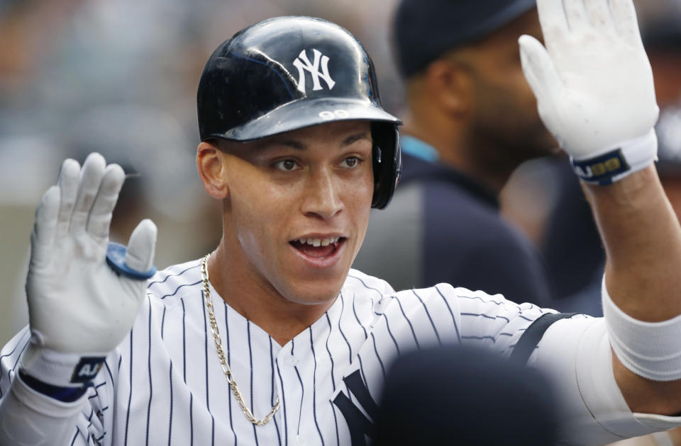 New York Yankees' Aaron Judge celebrates after hitting a solo home run during the first inning of the team's baseball game against the Toronto Blue Jays, Tuesday, June 25, 2019, in New York. It was Judge's first home run since returning from a stint on the injured list. (AP Photo/Kathy Willens)