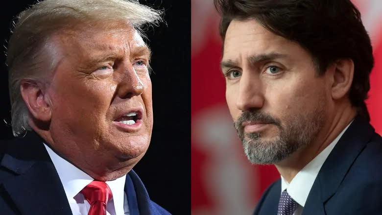 Left: US President Donald Trump speaks during a rally at Williamsport Regional Airport in Montoursville, Pennsylvania on October 31, 2020. Right: Prime Minister Justin Trudeau looks around the room during a news conference Friday October 23, 2020 in Ottawa. (Mandel Ngan/AFP/Getty Images, Adrian Wyld/The Canadian Press)