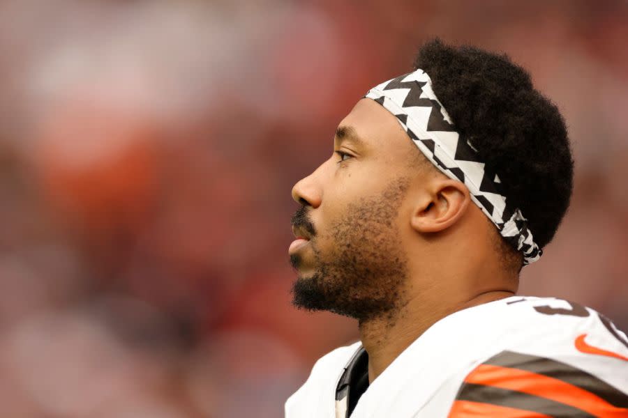 HOUSTON, TEXAS – JANUARY 13: Myles Garrett #95 of the Cleveland Browns looks on prior to the AFC Wild Card Playoffs against the Houston Texans at NRG Stadium on January 13, 2024 in Houston, Texas. (Photo by Carmen Mandato/Getty Images)