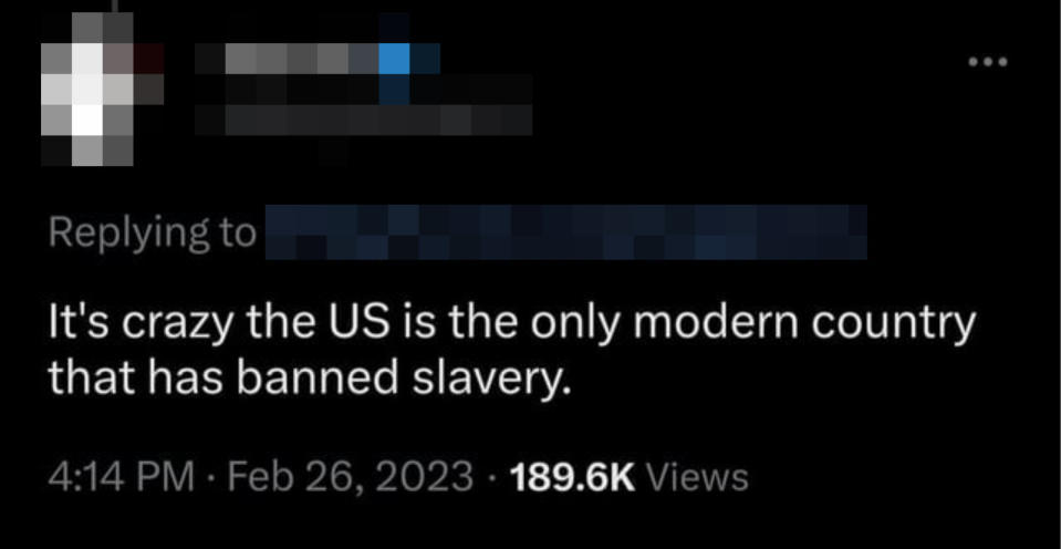 A Twitter post from an American that says "it's crazy the US is the only modern country that has banned slavery"