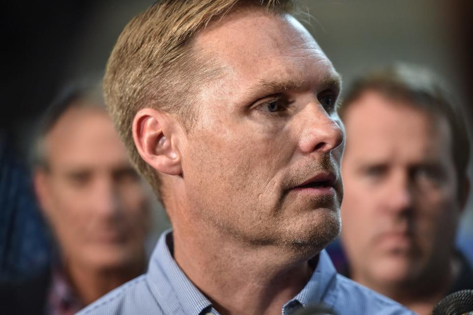 Michael Guest (R-MS), who won the 3rd district Congressional race, holds an election party for the 2022 midterm elections at the Republican Party Headquarters in Jackson, Miss., Nov. 8, 2022.