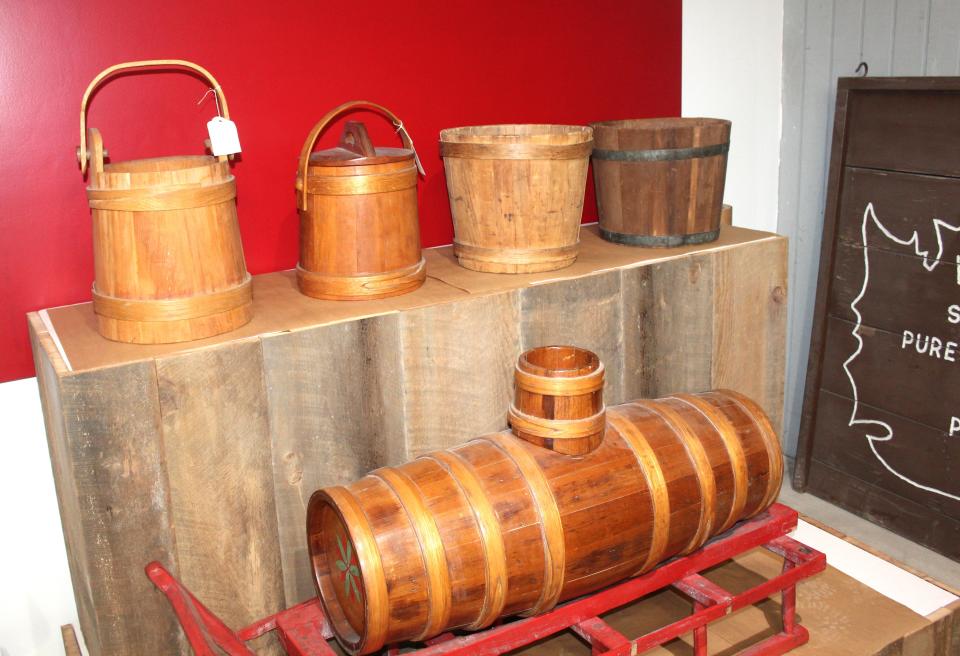 Coopering was a big part of the maple industry in the early years in order for buckets to be watertight. Here, many coopered buckets are on display in the Pa. Maple Museum.