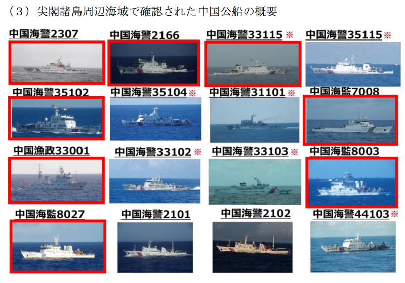 進入尖閣諸島（釣魚台列嶼）周邊的中國公務船資料。（海上保安廳）