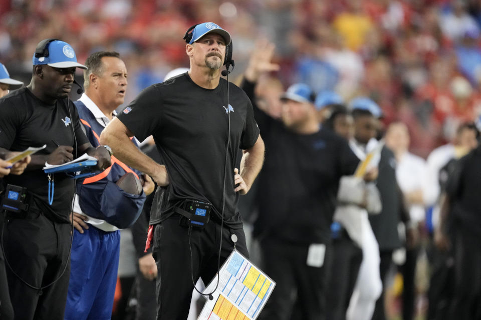 Detroit Lions head coach Dan Campbell watches from the sidelines during the first half of an NFL football game against the Kansas City Chiefs Thursday, Sept. 7, 2023, in Kansas City, Mo. (AP Photo/Charlie Riedel)