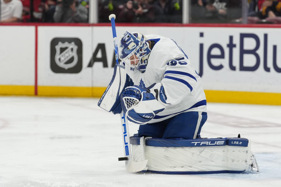 SUNRISE, FL - MAY 07: Toronto Maple Leafs goaltender Ilya Samsonov (35) makes a save in the first period during game three of the Eastern Conference Second Round Playoff game between the Toronto Maple Leafs and the Florida Panthers on Sunday, May 7, 2023 at FLA Live Area, Sunrise, Fla. (Photo by Peter Joneleit/Icon Sportswire via Getty Images)