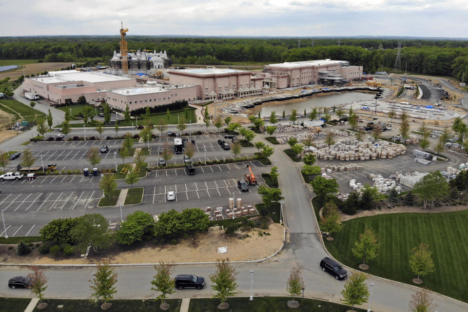 A view of the BAPS Shri Swaminarayan Mandir in Robbinsville Township, N.J., Tuesday, May 11, 2021. A lawsuit claims workers from marginalized communities in India were lured to New Jersey and forced to work more than 12 hours per day at slave wages to help build a Hindu temple. (AP Photo/Ted Shaffrey)