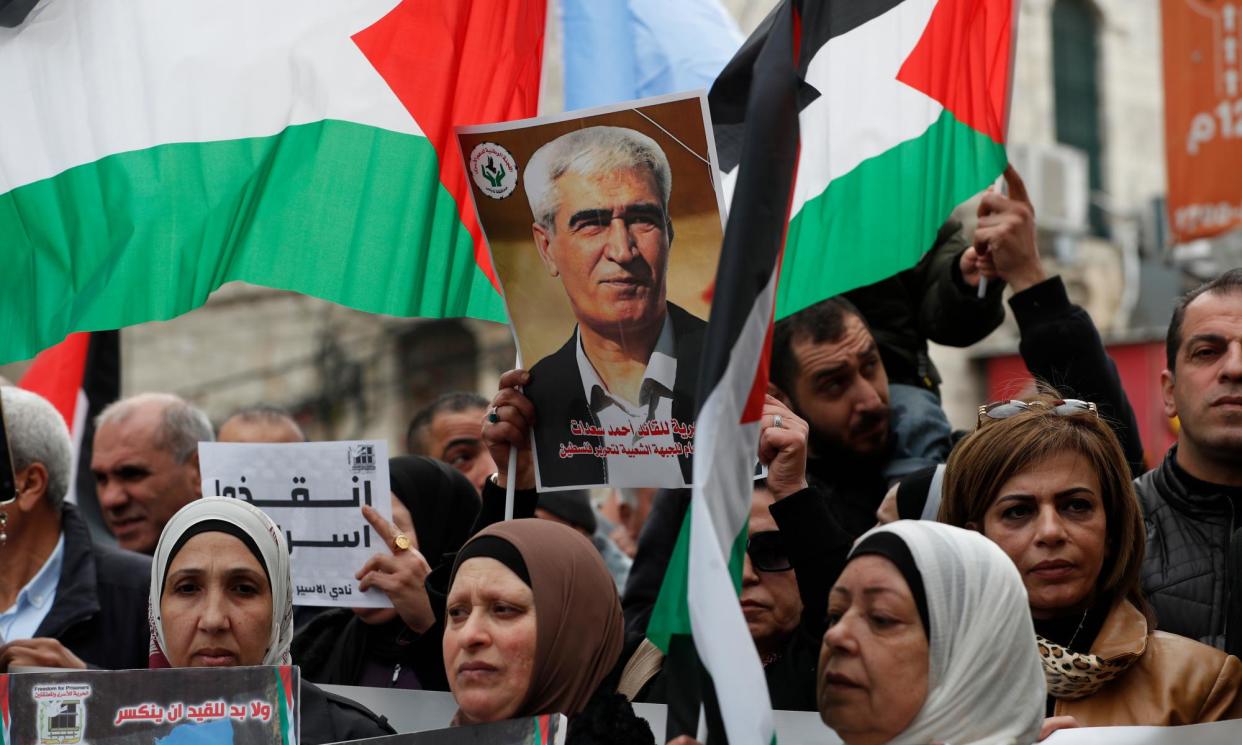 <span>People in the West Bank city of Nablus protest last month over the imprisonment of Palestinians in Israel.</span><span>Photograph: Alaa Badarneh/EPA</span>