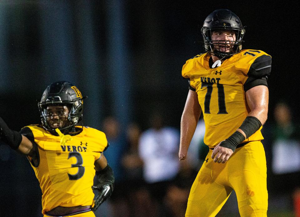 Ryan Peterson #71 the of Bishop Verot football reacts after a big stop on fourth down against Port Charlotte during the first football game of the season at Bishop Verot on Thursday, August 24, 2023. Bishop Verot routed Port Charlotte.