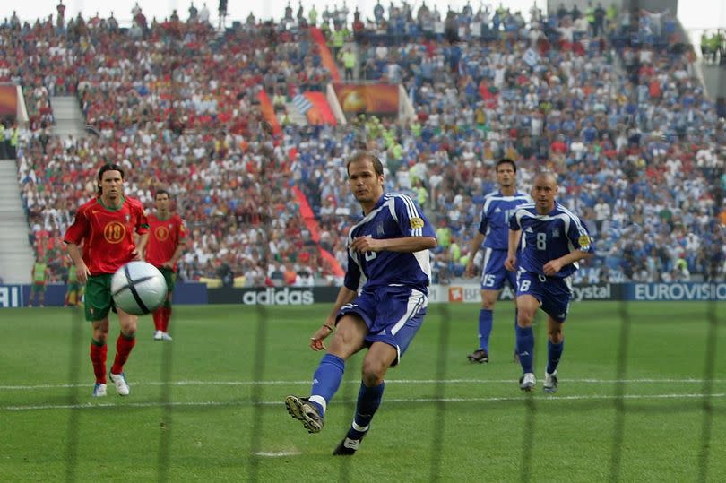 Paul Gascoigne of England is pulled back by shorts by Ciriaco Sforza of Switzerland during a 1- 1 draw in 1996 -Credit:Allsport/Bruty Simon