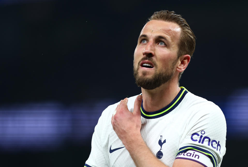 LONDON, ENGLAND - APRIL 27: Harry Kane of Tottenham Hotspur looks on during the Premier League match between Tottenham Hotspur and Manchester United at Tottenham Hotspur Stadium on April 27, 2023 in London, England. (Photo by Chloe Knott - Danehouse/Getty Images)