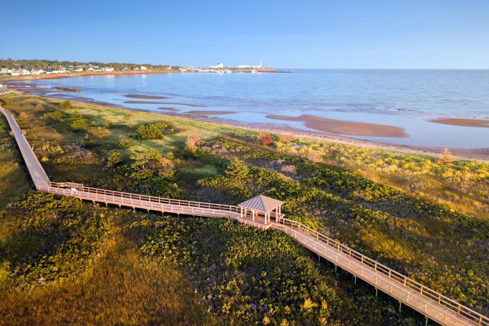 Aerial view of walking path in Souris Beach Provincial Park on Prince Edwards Island
