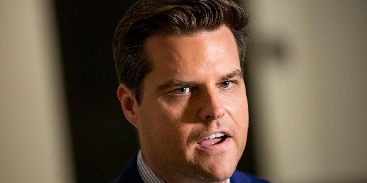 WASHINGTON, DC - OCTOBER 30: U.S. Rep. Matt Gaetz (R-FL) speaks to the media outside of the Sensitive Compartmented Information Facility (SCIF) during the continued House impeachment inquiry against President Donald Trump at the U.S. Capitol on October 30, 2019 in Washington, DC. State Department special adviser for Ukraine Catherine Croft and State Department official Christopher Anderson are expected to appear for closed-door depositions as part of the impeachment inquiry and the latest in a line of career diplomats who have complied with a House subpoena. (Photo by Samuel Corum/Getty Images)