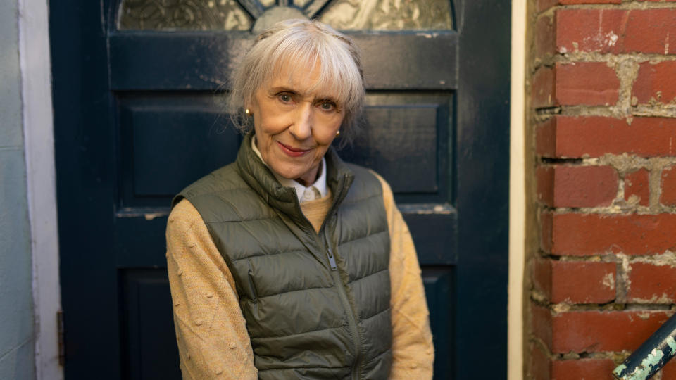 Anita Dobson in a green bodywarmer for Doctor Who season 14