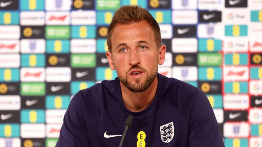 England captain Harry Kane speaks at a news conference