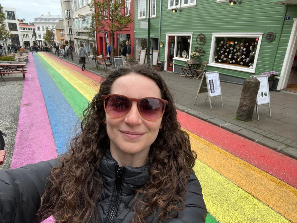 Talia Lakritz in Iceland at Reykjavik's rainbow road.