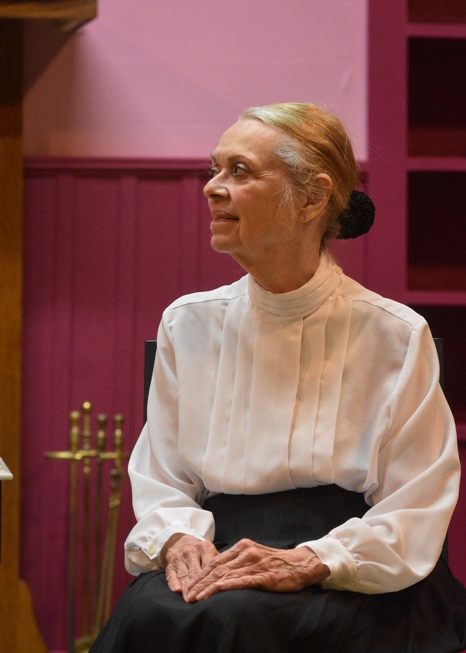 Sylvia Chappell practices on stage for “Rented Christmas,” a musical filled with Christmas carols, Santa Claus, and everything Christmas.