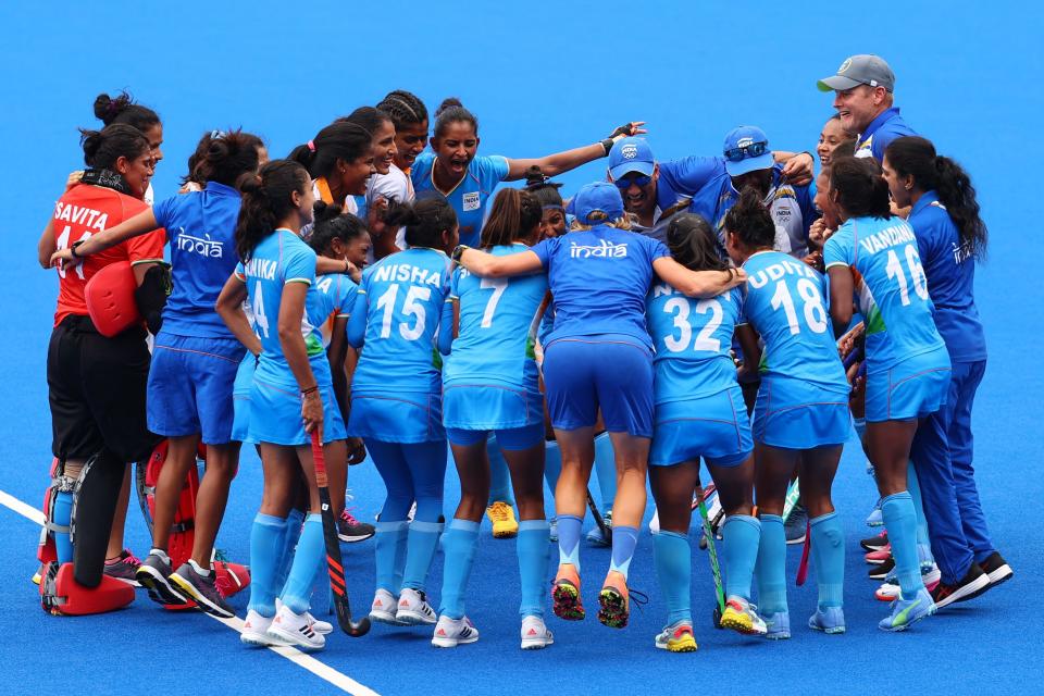 Tokyo 2020 Olympics - Hockey - Women - Quarterfinal - Australia v India - Oi Hockey Stadium, Tokyo, Japan - August 2, 2021. Players of India celebrate after winning their match. REUTERS/Bernadett Szabo