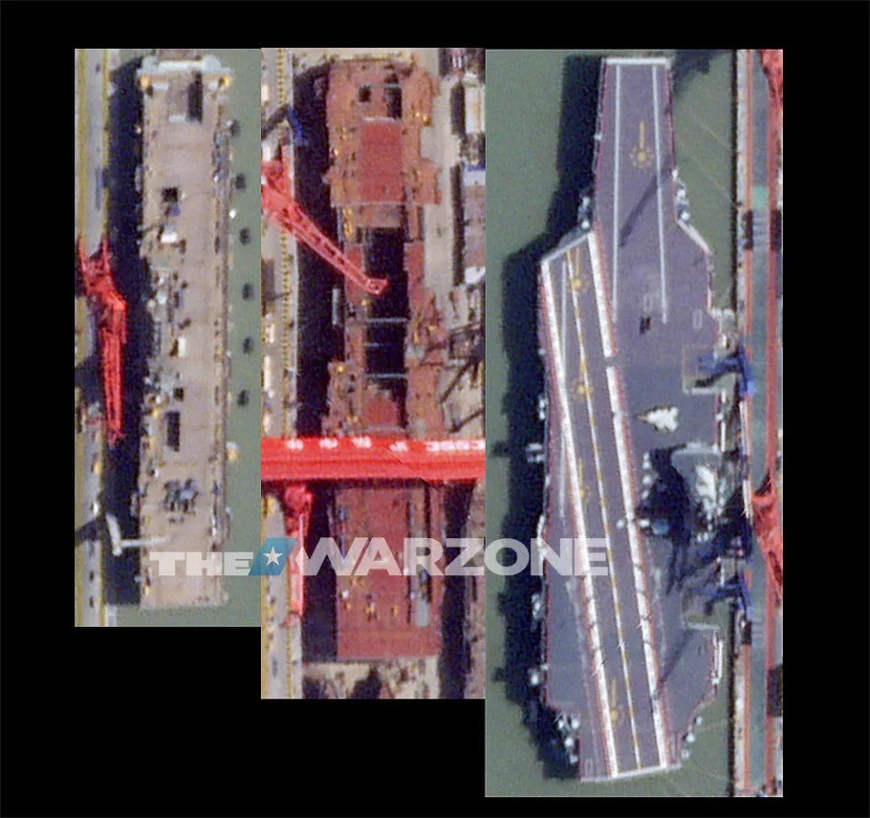 Left-to-right: A to-scale side-by-side comparison of a Type 075 amphibious assault ship under construction, the still-under-construction Type 076, and the aircraft carrier <em>Fujian</em>. <em>PHOTO © 2024 PLANET LABS INC. ALL RIGHTS RESERVED. REPRINTED BY PERMISSION</em>
