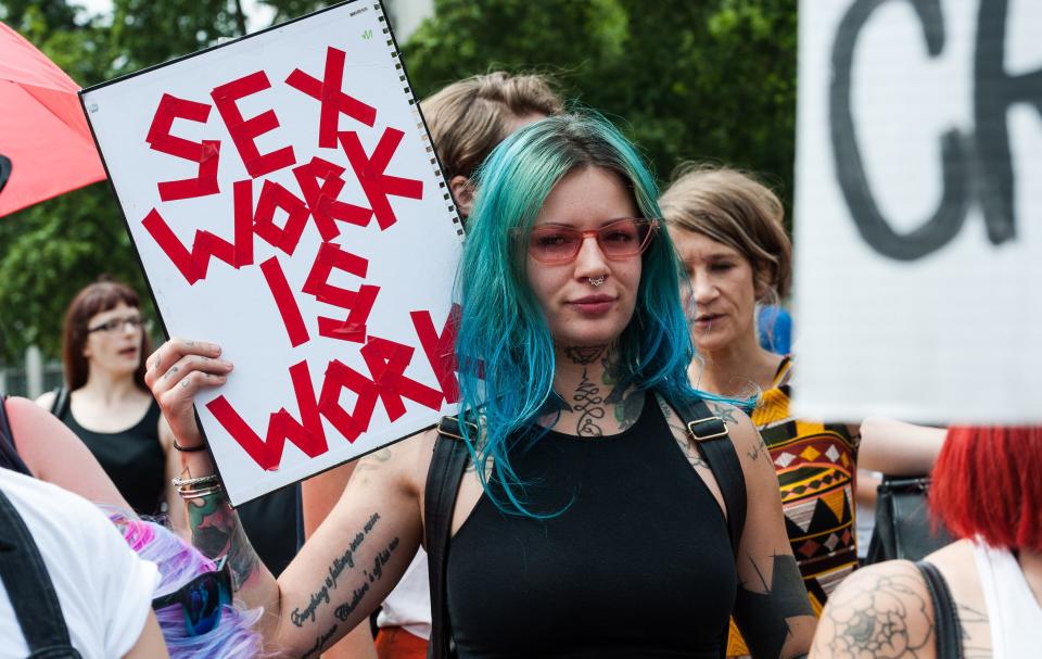 Sex workers and activists protest outside Parliament in London in July 2018, arguing that Britain should not follow the SESTA/FOSTA legislation in the U.S. Protesters say such legislation will make sex work more dangerous by forcing workers out on the streets. (Photo: Barcroft Media via Getty Images)