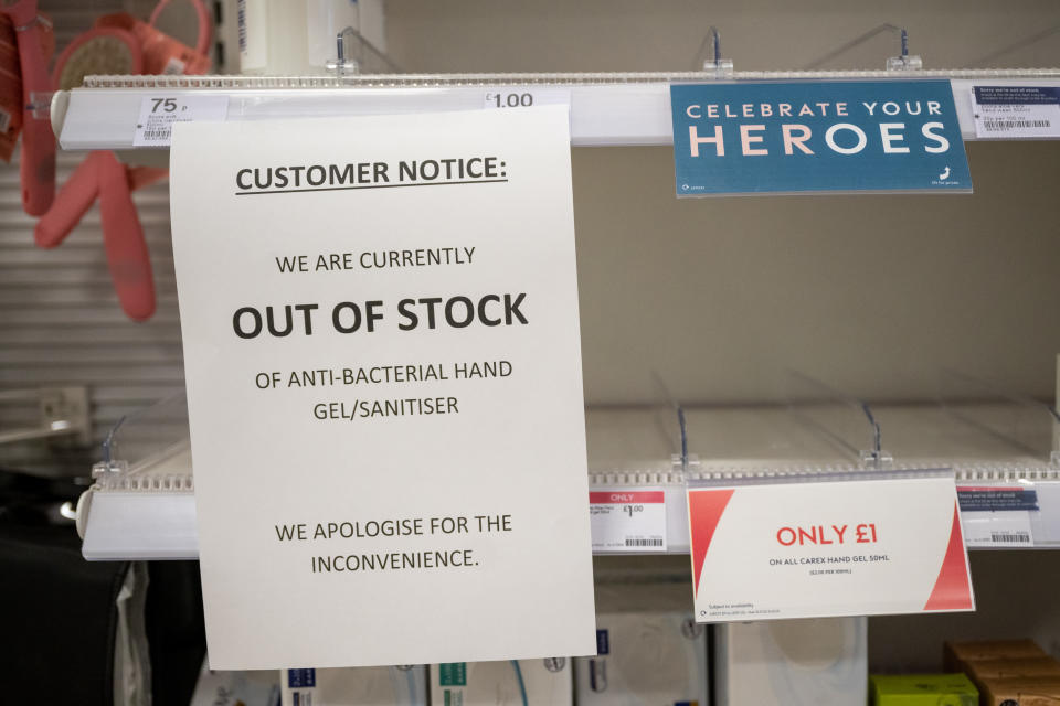 CARDIFF, WALES - MARCH 3: Empty shelves in a Boots chemist after the retailer ran out of hand sanitiser on March 3, 2020, in Cardiff, Wales. Another 12 cases of coronavirus (Covid-19) were confirmed in the UK today, bringing the total to 51. The virus has spread to 77 countries in a matter of weeks, claiming over 3,000 lives and infecting over 90,000. The World Health Organisation have increased their risk assessment to “very high”. (Photo by Matthew Horwood/Getty Images)