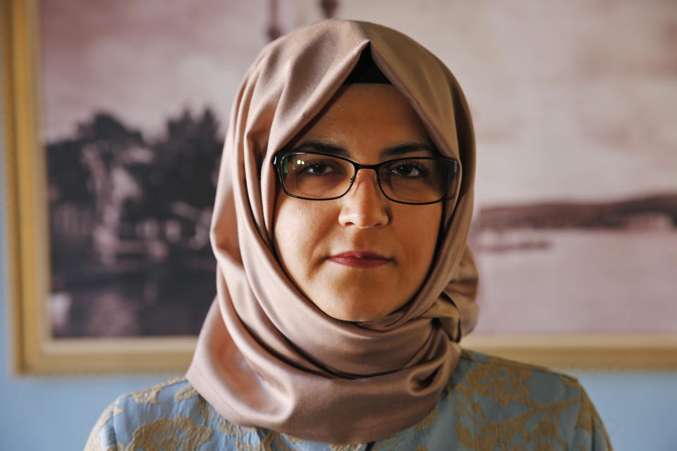 Hatice Cengiz, the fiancee of slain Saudi journalist Jamal Kashoggi poses for The Associated Press, following an interview in Istanbul, Tuesday, Oct. 1, 2019. Speaking on the eve of the anniversary of his death, Cengiz said she feels apprehensive about returning to the site where he was killed for a commemorative ceremony but takes strength from the fact that she will not be alone. Cengiz said: "Last year, I waited for Jamal alone. This year the whole world will be waiting with me for Jamal, and for justice for Jamal''. (AP Photo/Lefteris Pitarakis)