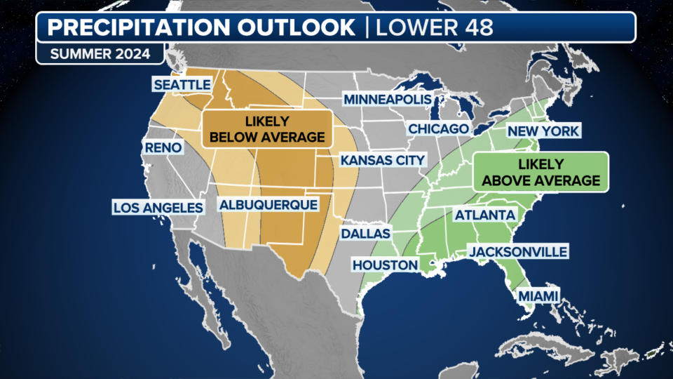 Wetter-than-average weather is expected this summer across the eastern portion of the nation.