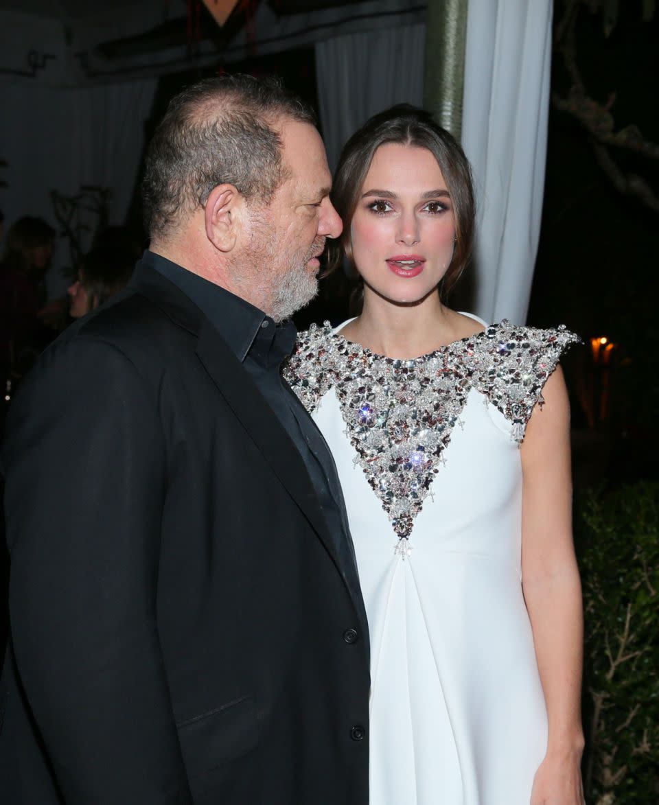 Harvey Weinstein (L) and actress Keira Knightley attend the after party for The Weinstein Company's 'The Imitation Game' Los Angeles special screening hosted by CHANEL at Chateau Marmont on November 10, 2014 in Los Angeles, California. Source: Getty