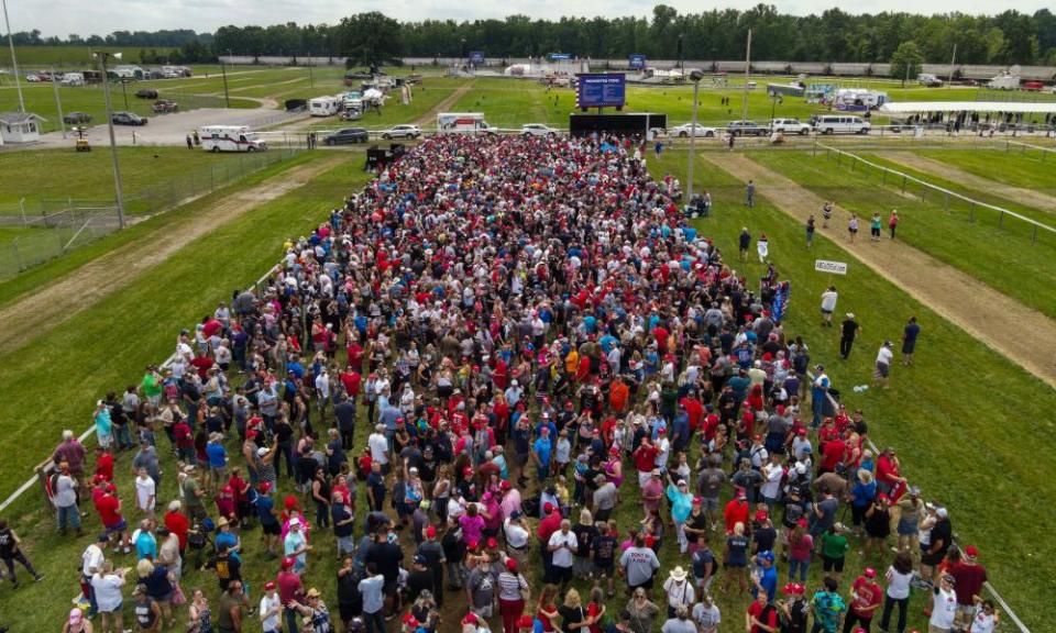 A drone photo shows crowds gathering in Wellington, Ohio.