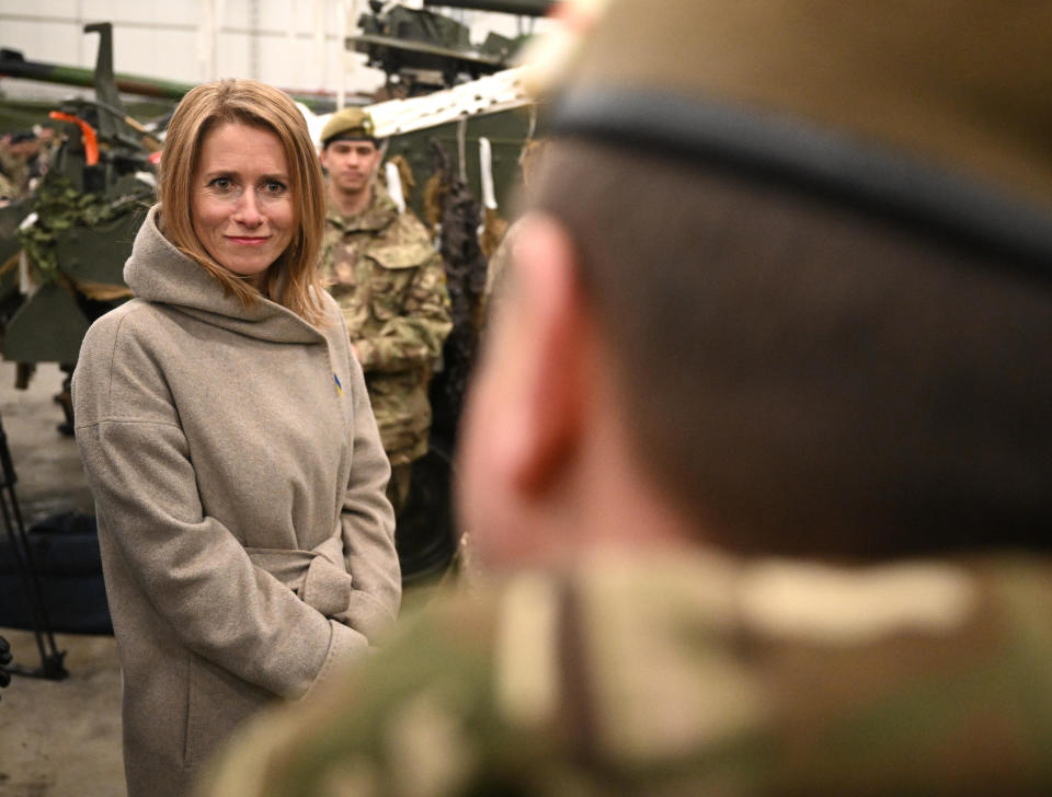 Prime Minister of Estonia Kaja Kallas meets troops after a press conference at the Tapa Army Base, March 1, 2022 in Tallinn, Estonia. / Credit: Leon Neal/Getty