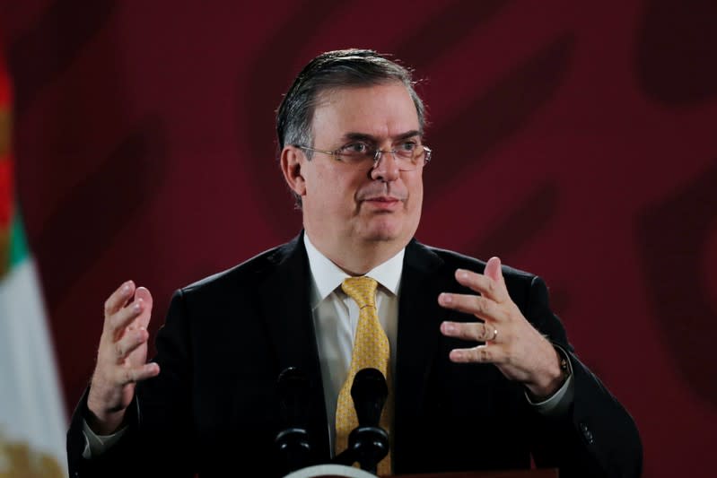 Mexico's Foreign Minister Marcelo Ebrard speaks during the daily news conference at National Palace in Mexico City