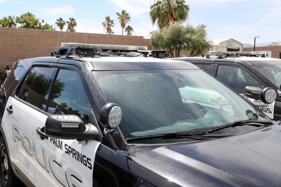 A Palm Springs Police Department patrol car equipped with license plate readers on the roof is seen in 2021. The department is planning to use funds from a state grant to purchase more license plate readers.