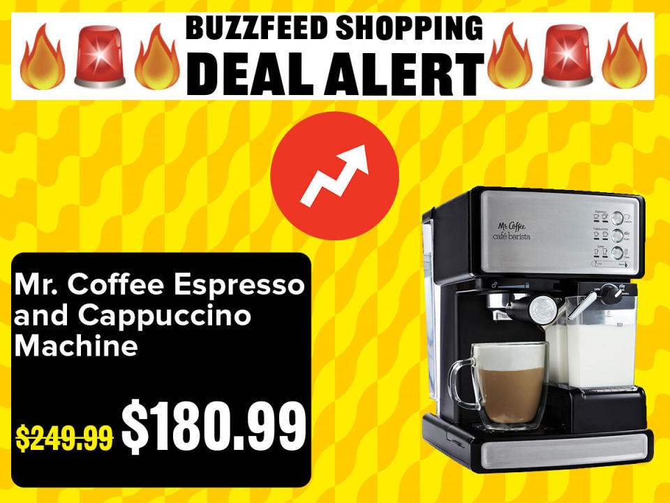 Deal alert graphic for Mr. Coffee Espresso and Cappuccino Machine with price cut from $249.99 to $180.99