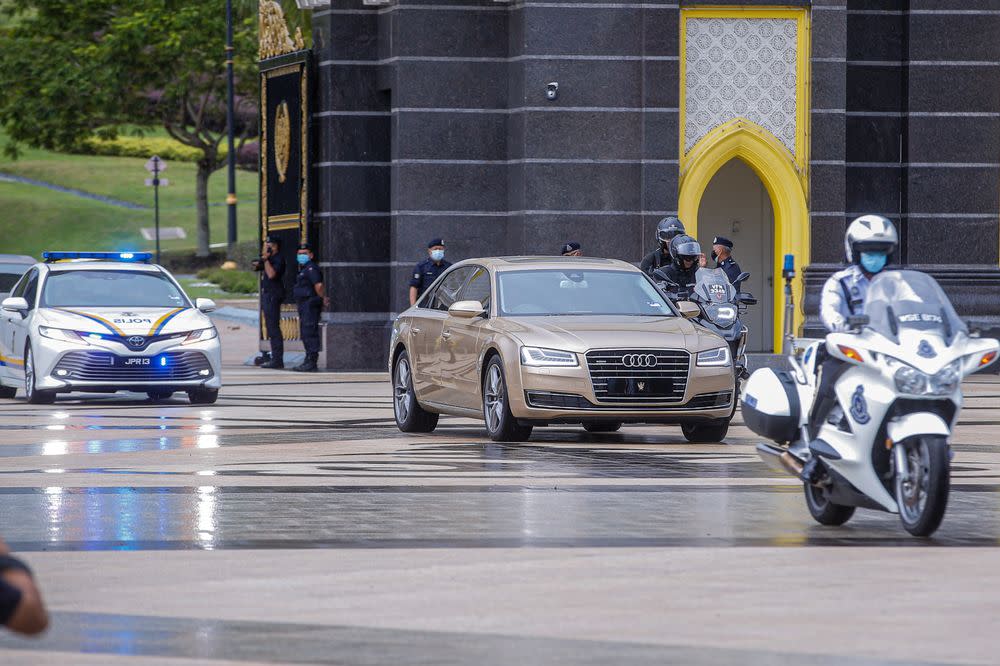 A car carrying Johor’s Sultan Ibrahim Ibni Almarhum Sultan Iskandar was seen leaving the Istana Negara, June 16, 2021. ― Picture by Hari Anggara