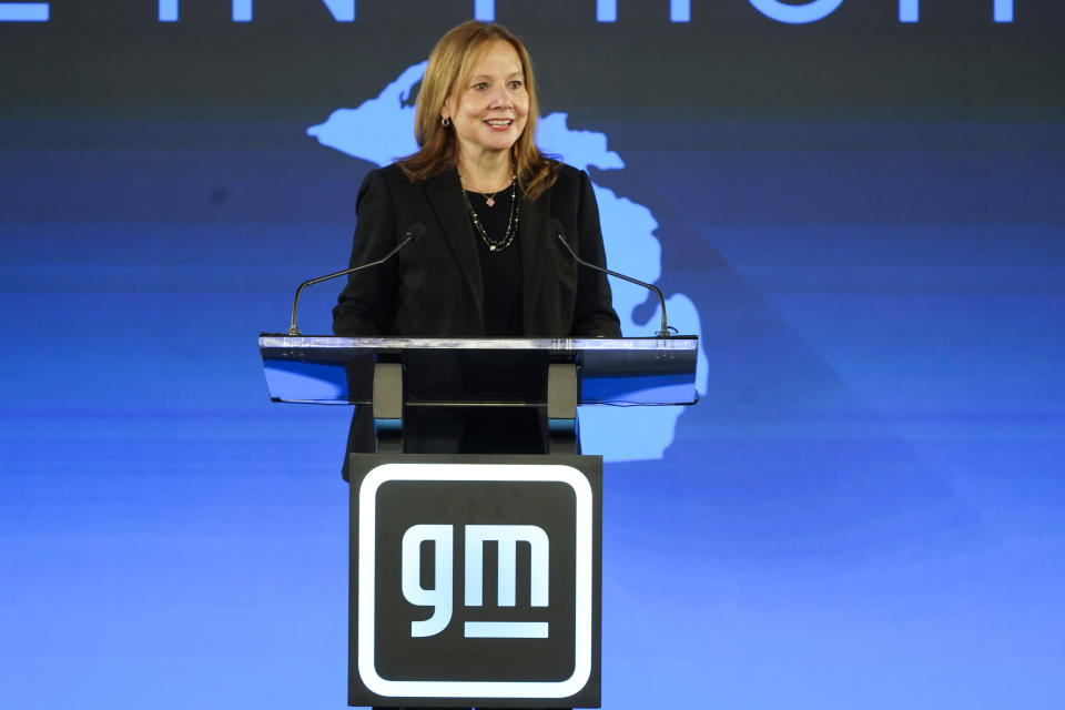 Mary Barra, General Motors CEO, speaks during a news conference in Lansing, Mich., Tuesday, Jan. 25, 2022. General Motors is making the largest investment in company history in its home state of Michigan, announcing plans to spend nearly $7 billion to convert a factory to make electric pickup trucks and to build a new battery cell plant. (AP Photo/Paul Sancya)