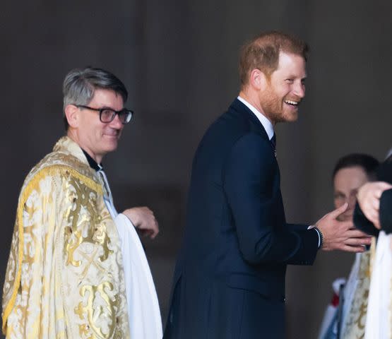<p>Samir Hussein/WireImage</p> Prince Harry arrives for the Invictus Games anniversary service at St. Paul's Cathedral in London on May 8, 2024.