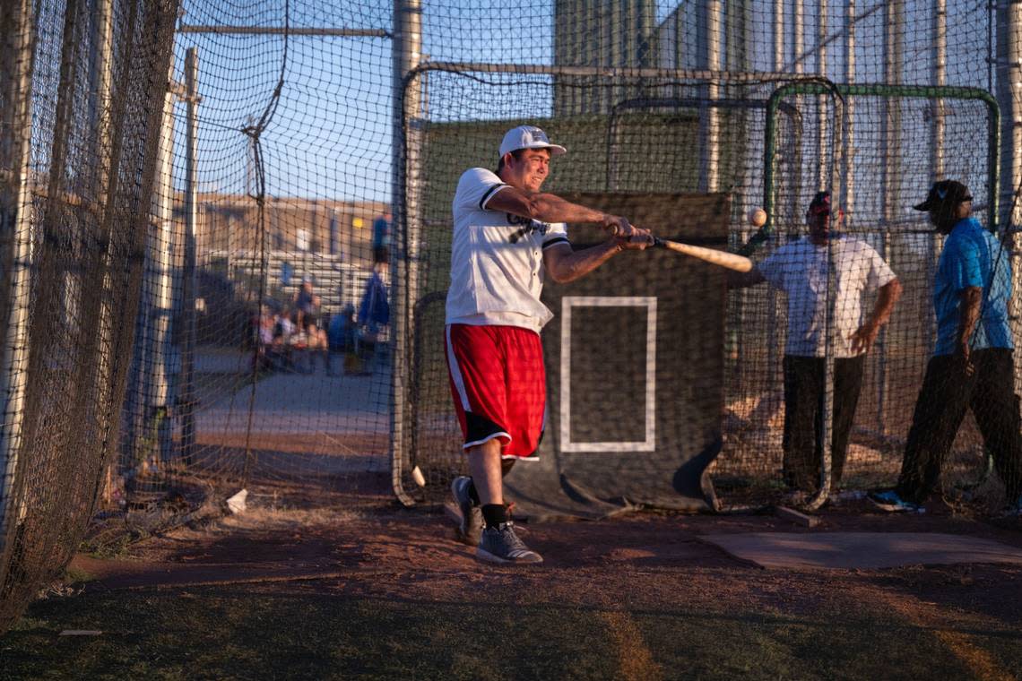 Jorge Gil Laguna has batting practice during a tryout for the Sacramento Men’s Senior Baseball League earlier this month.