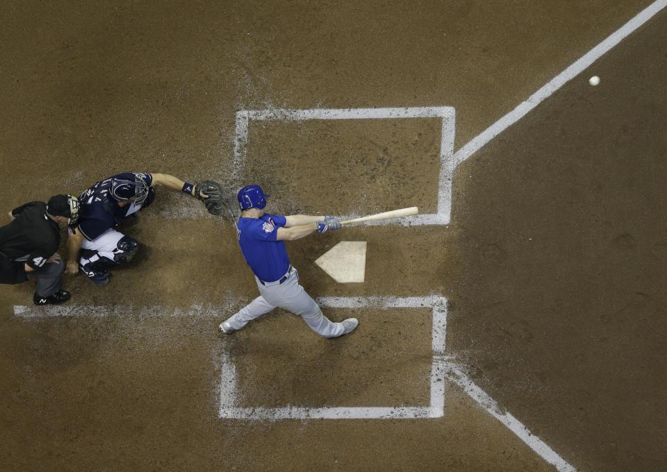 Chicago Cubs' Daniel Murphy hits a home run during the fourth inning of a baseball game against the Milwaukee Brewers Wednesday, Sept. 5, 2018, in Milwaukee. (AP Photo/Morry Gash)