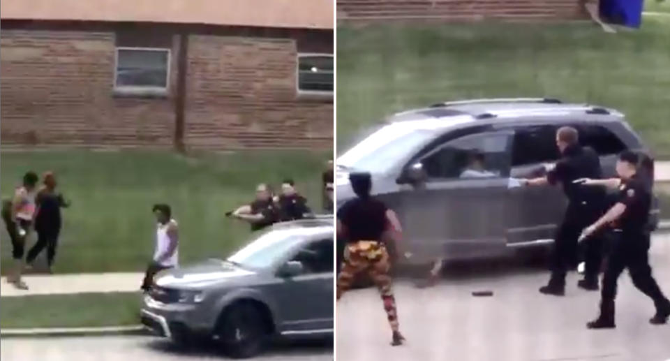 Left, the black man is seen walking away from two Kenosha  cops as they raise their guns. Right, the cops appear to open fire as the black man leans into a car. Source: Twitter