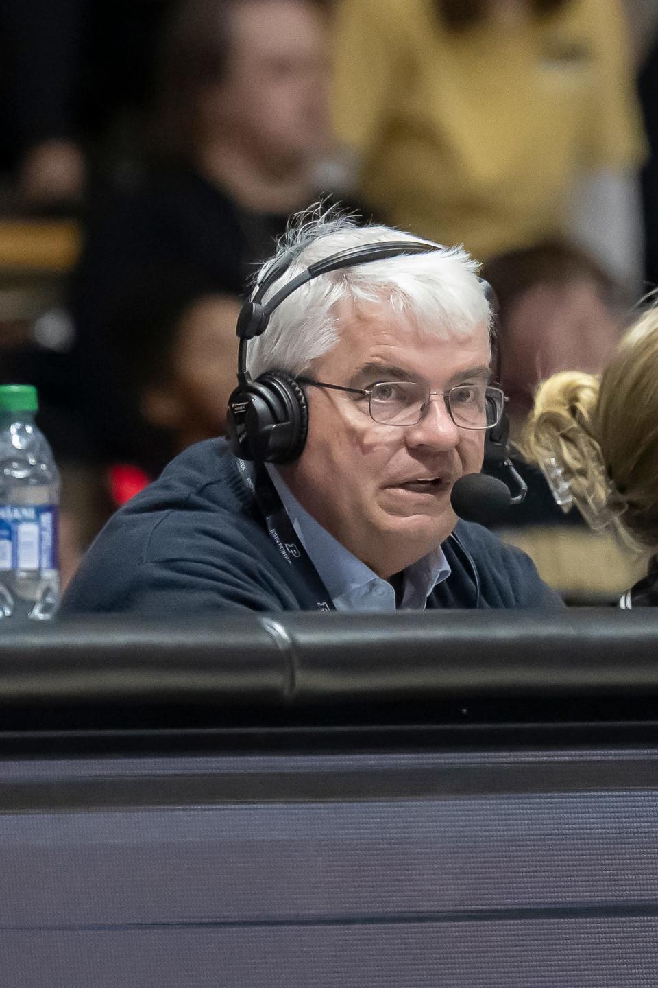 Tim Newtown calls the game for radio coverage during the NCAA women’s basketball game against the Southern Jags, Sunday, Nov. 12, 2023, at Mackey Arena in West Lafayette, Ind. Purdue won 67-50.