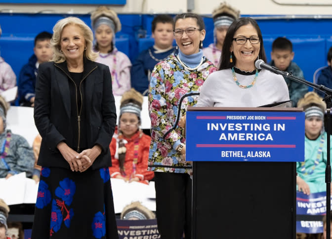 First Lady Jill Biden, Interior Secretary Deb Haaland, and Rep. Mary Peltola (D-AK) announcing over $100 million of high-speed broadband funding in Bethel, Alaska on Wednesday, May 17, 2023. (Photo/U.S. Dept. of the Interior via Twitter)