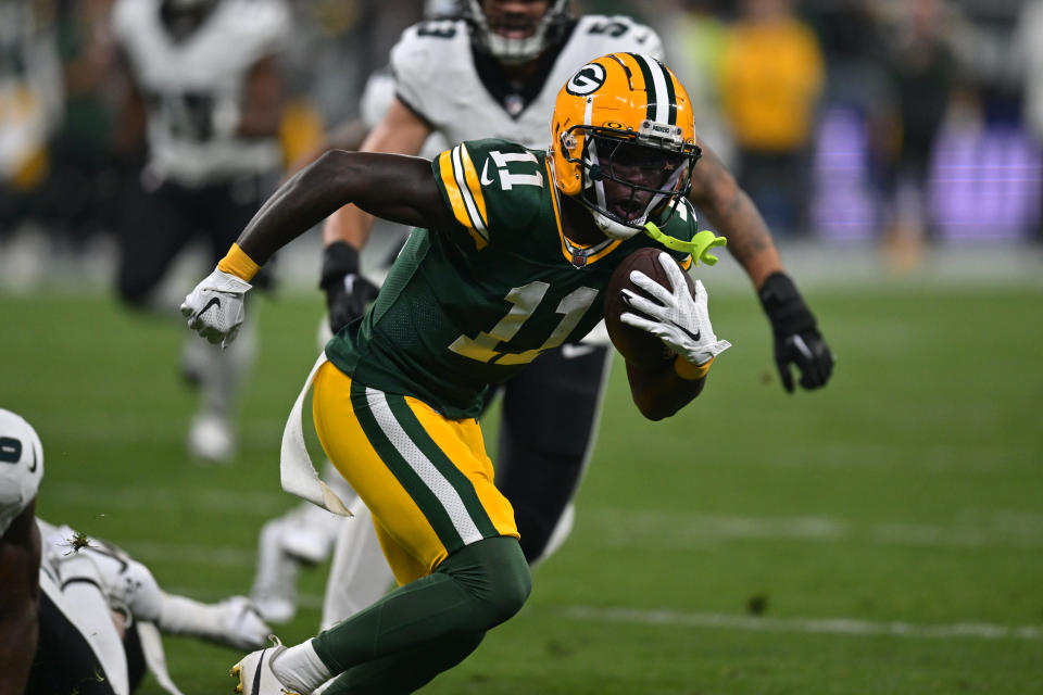 Eagles dan Packers setidaknya memiliki skor yang sama saat Jayden Reed mencetak touchdown. (Foto oleh Pedro Vilela/Pedro Vilela)