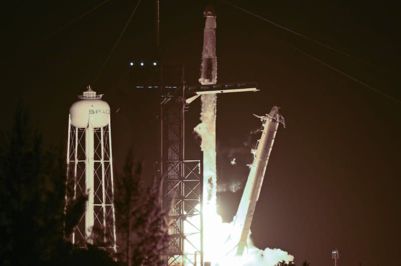 A SpaceX Falcon 9 rocket launches NASA's Crew-7 astronauts to the International Space Station from Launch Complex 39A at Kennedy Space Center in Florida early Saturday morning. Photo by Joe Marino/UPI