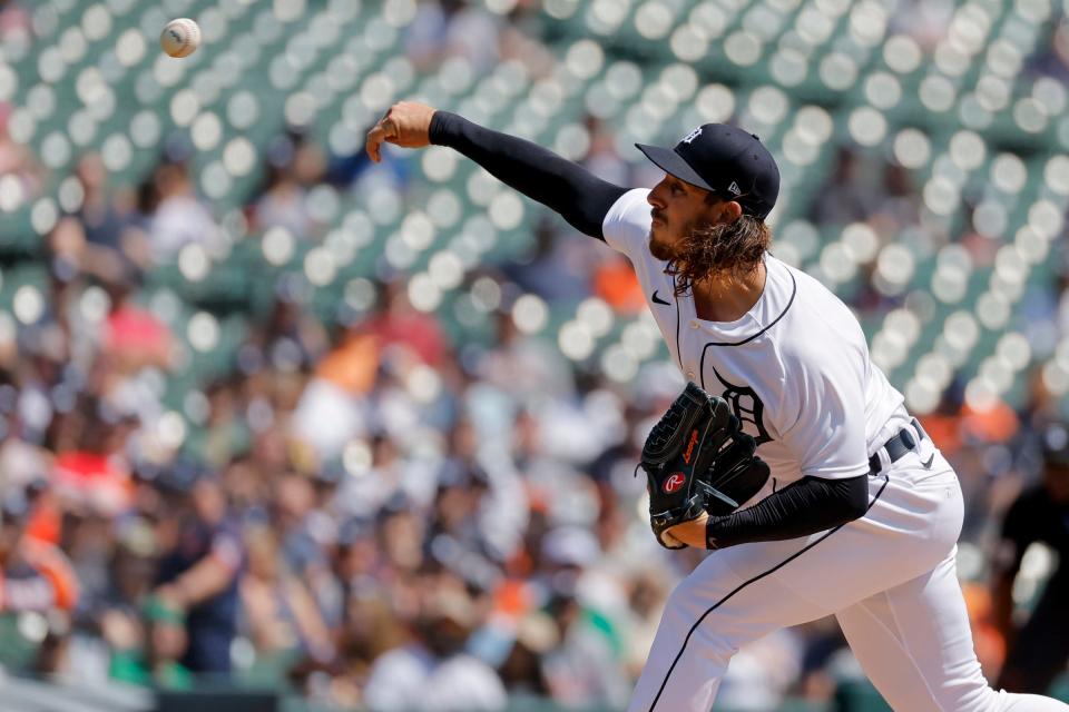 Tigers pitcher Michael Lorenzen throws against the Giants in the first inning on Saturday, April 15, 2023, at Comerica Park.