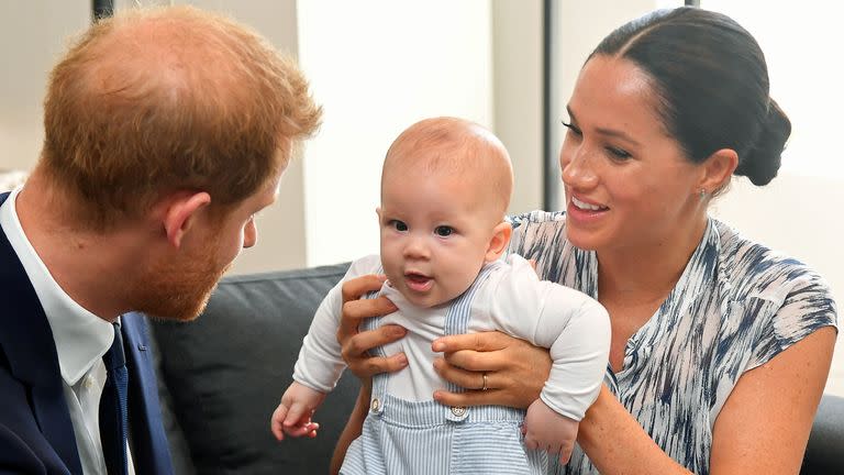 <p>Prince Harry, Meghan and their baby son Archie meet Archbishop Desmond Tutu during their royal tour of South Africa </p>Getty