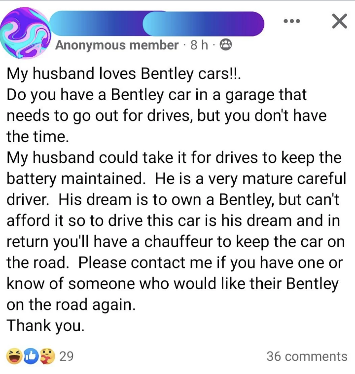 Online post by an anonymous member asking to borrow someone's Bentley