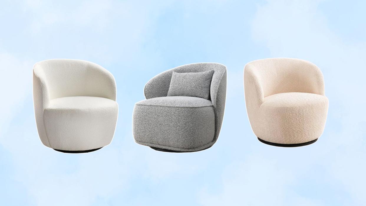  Three Swivel bouclé chairs on a baby blue cloudy background. 