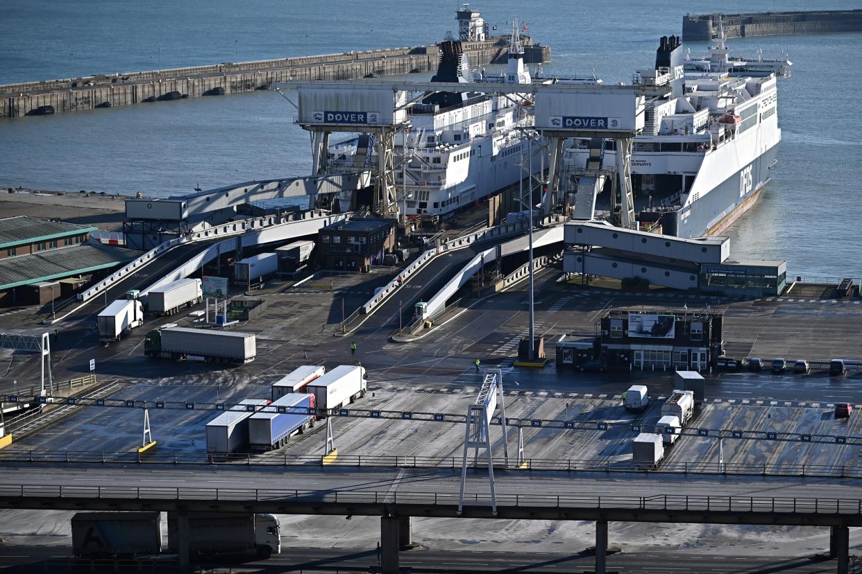 Freight trucks and HGVs board a DFDS ferry at the Port of Dover on the south coast of England on January 25, 2021. - EU foreign policy chief Josep Borrell on Monday slammed Britain's refusal to grant the bloc's envoy full diplomatic status and warned it dented prospects for post-Brexit cooperation. (Photo by BEN STANSALL / AFP) (Photo by BEN STANSALL/AFP via Getty Images)