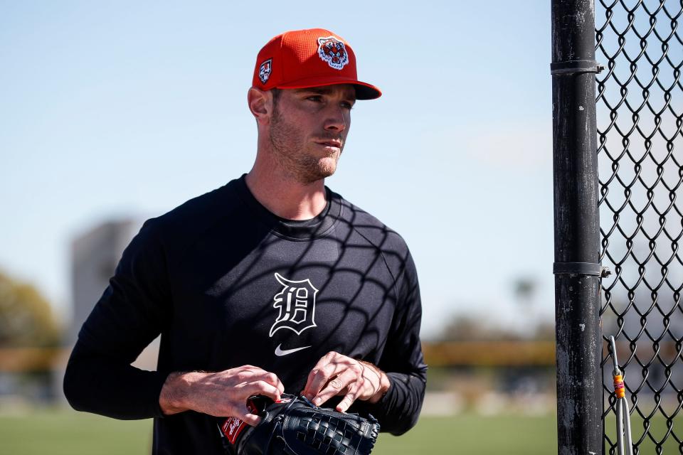 Detroit Tigers pitcher Joey Wentz warms up during spring training at TigerTown in Lakeland, Fla. on Wednesday, Feb. 14, 2024.