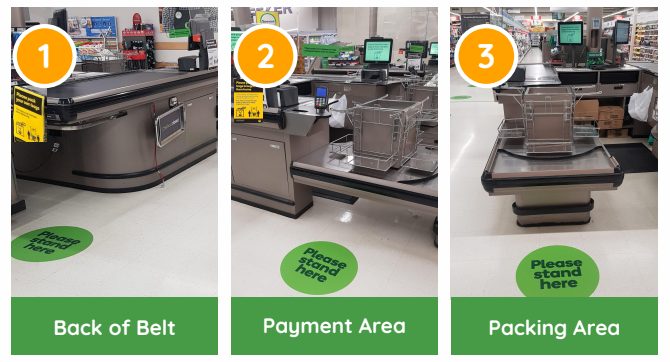 Markers on the floor at checkouts help customers maintain social distancing. Source: Woolworths