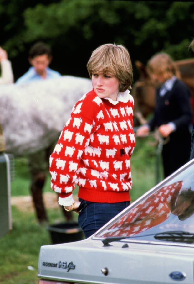 Diana, Princess of Wales wearing 'Black sheep' wool jumper by Warm and Wonderful (Muir & Osborne) to Windsor Polo, June 1981.<p>Photo by Tim Graham Photo Library via Getty Images</p>